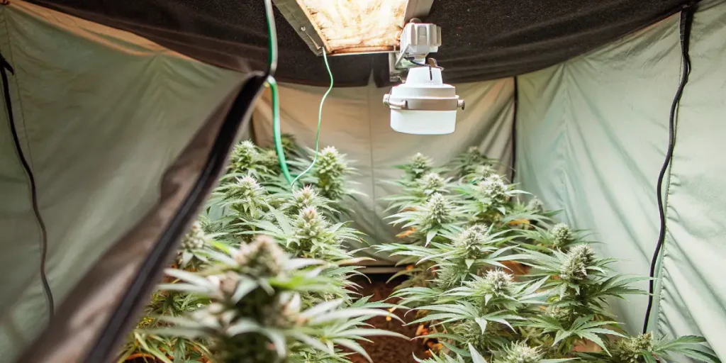 Culture intérieure de cannabis CBD sous tente avec éclairage suspendu et plantes en floraison.