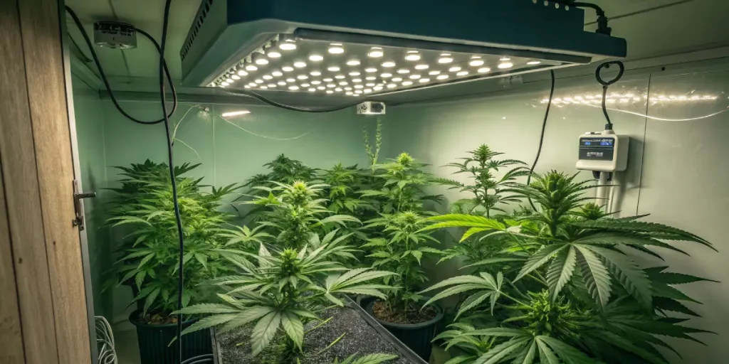 Culture intérieure de cannabis sous panneau LED, plantes en croissance végétative avec feuillage vert dense.