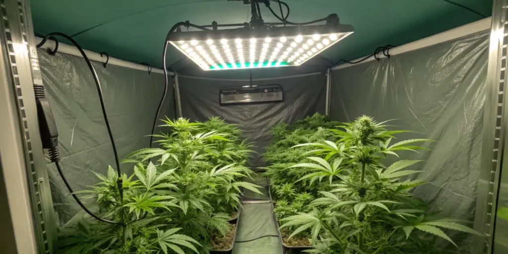 Culture intérieure de cannabis sous LED dans un espace organisé, plantes vigoureuses en floraison.
