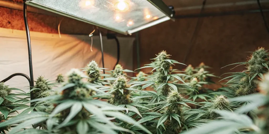 Culture intérieure de cannabis sous éclairage LED, têtes denses en floraison avec feuillage vert foncé.