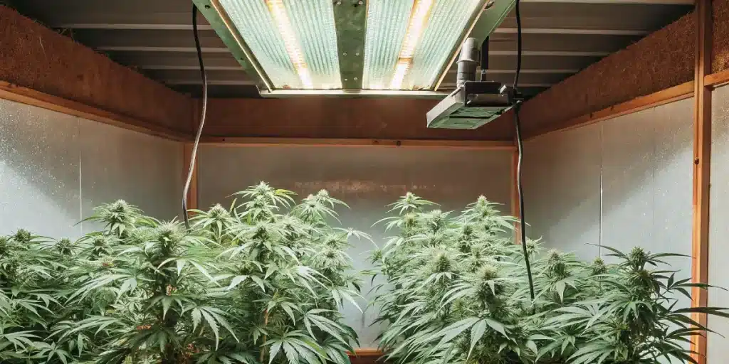 Culture intérieure de cannabis sous éclairage LED, plantes en floraison avec canopée dense et uniforme.