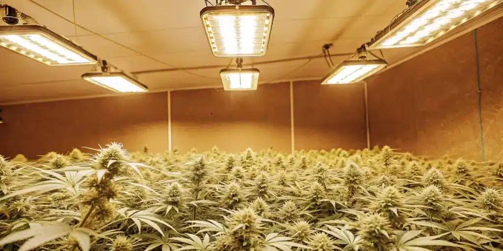 Culture intérieure de cannabis sous éclairage LED, floraison intensive avec canopée dense et uniforme.