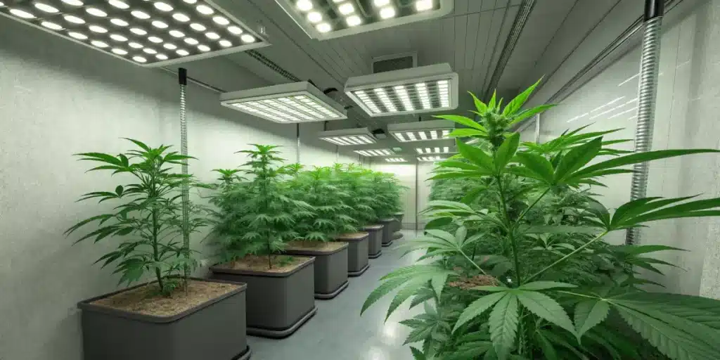 Culture intérieure de cannabis sous éclairage LED, plantes alignées en pots avec structure professionnelle.