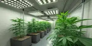 Culture intérieure de cannabis sous éclairage LED, plantes alignées en pots avec structure professionnelle.