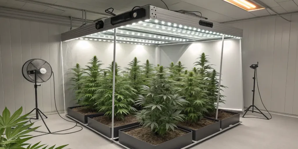 Culture intérieure de cannabis sous LED dans une installation professionnelle, plantes vigoureuses en croissance homogène.