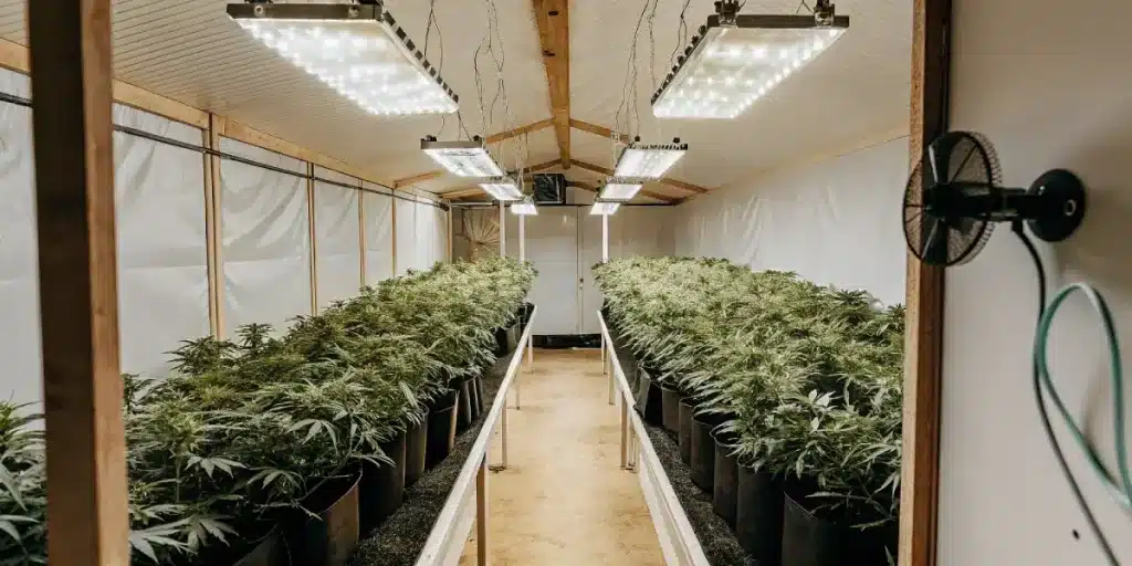 Culture intérieure de cannabis sous éclairage LED, plantes alignées en pots noirs dans une installation optimisée.