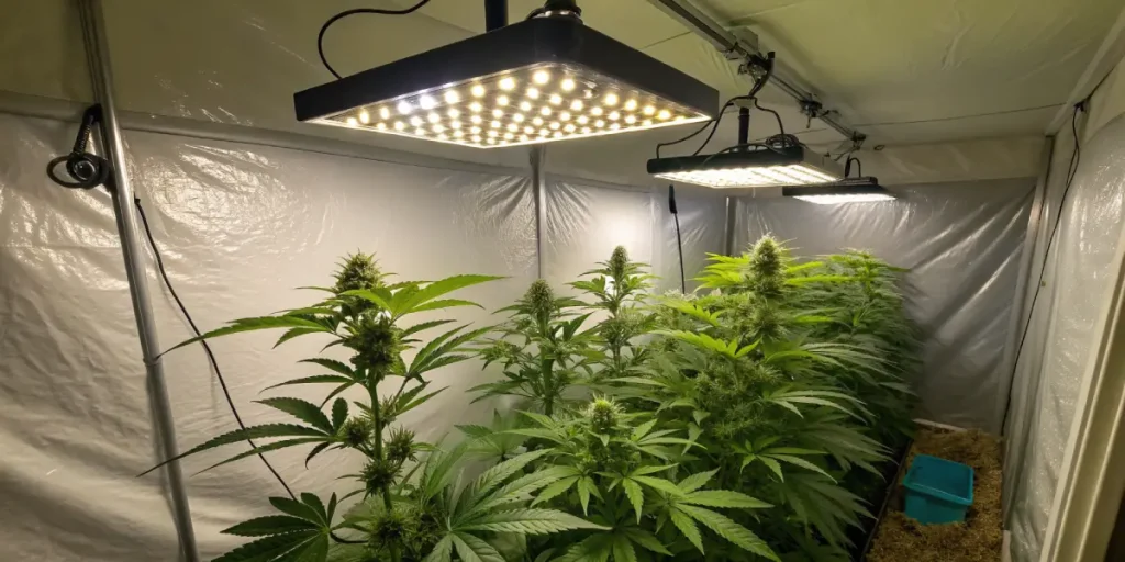 Culture intérieure de cannabis sous lampes LED en tente, plantes en floraison avec structure homogène.