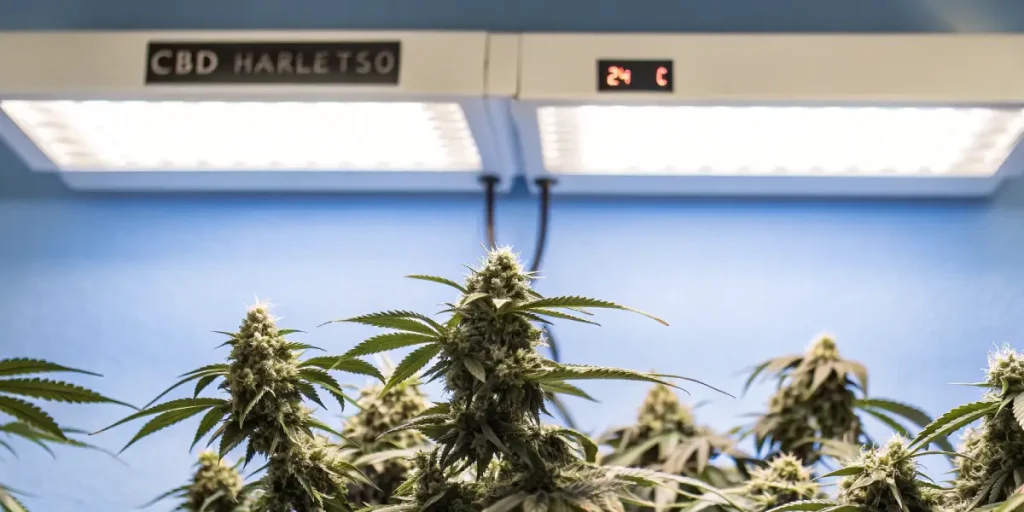 Culture intérieure de CBD Harle-Tsu sous éclairage LED, plantes fleuries alignées avec têtes compactes.