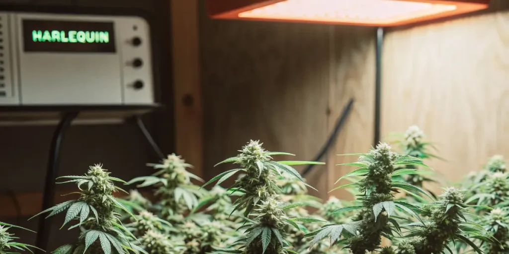 Plantes de cannabis Harlequin CBD en floraison sous éclairage LED, têtes résineuses et feuillage vert dense.