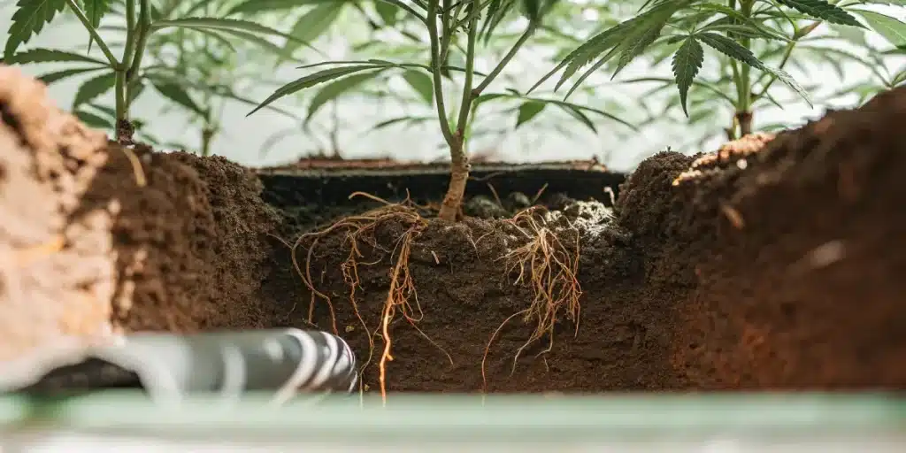 Developpement racinaire cannabis culture avec racines fines visibles dans sol aeré.
