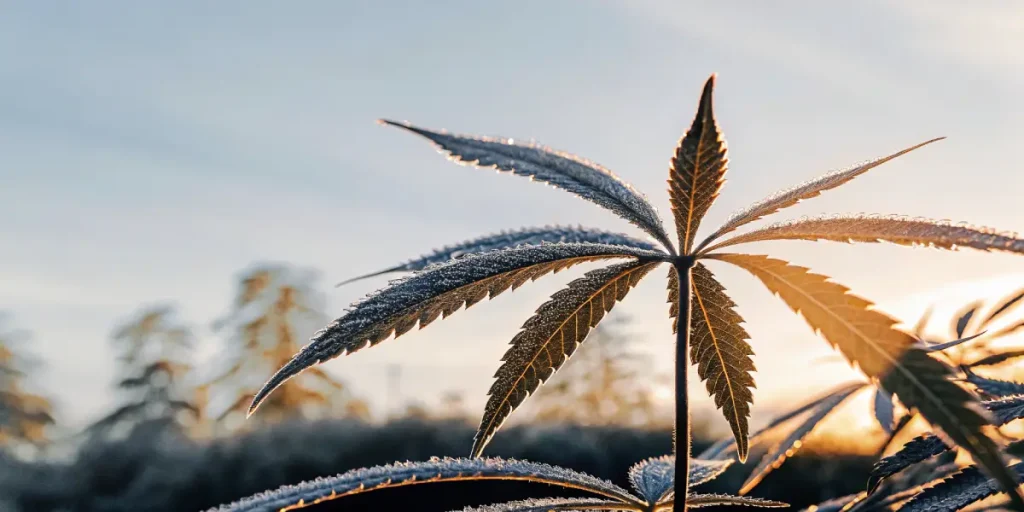 Feuille cannabis rosee coucher soleil avec cristaux brillants sur bords denteles.