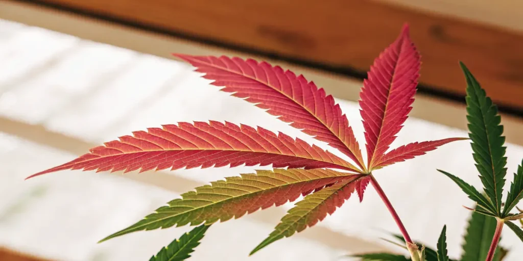 gros plan d’une feuille de cannabis rouge et verte montrant un changement de couleur en fin de floraison