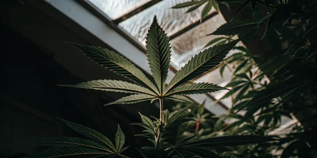 Feuille cannabis serre lumiere naturelle sous verriere avec nervures vert fonce bien visibles.