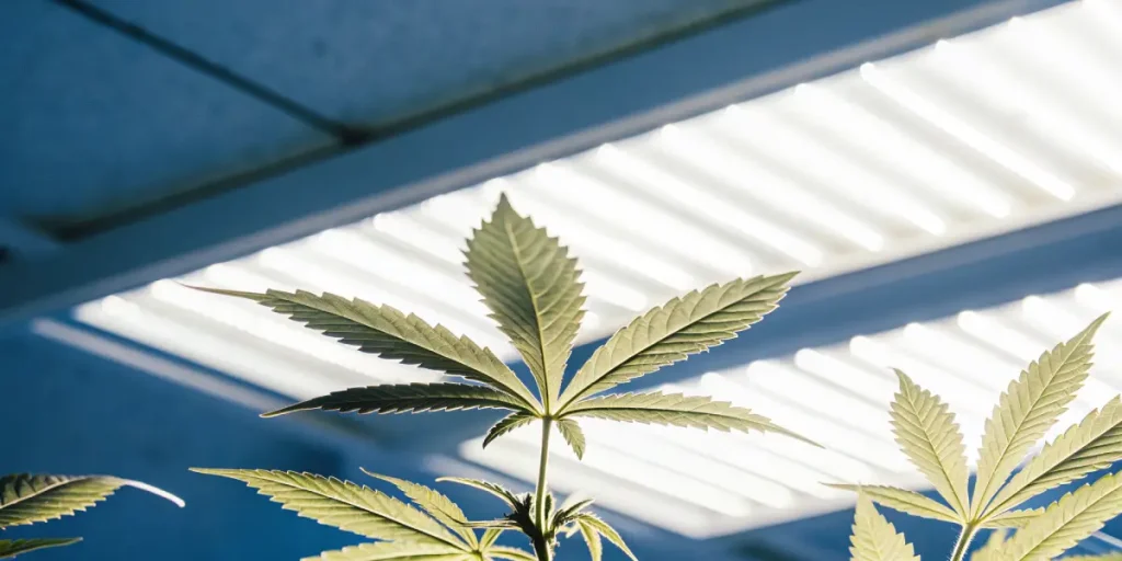 Feuille de cannabis éclairée par une lampe LED en culture intérieure avec spectre lumineux contrôlé