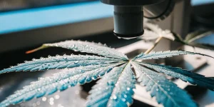 Feuille de cannabis observée au microscope avec des gouttelettes d’eau visibles sur la surface végétale.