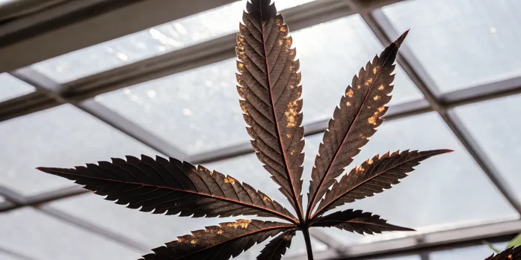 Feuille de cannabis présentant des taches et une décoloration dues à un stress nutritionnel en serre