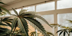 Feuille de cannabis cultivée en intérieur présentant des signes visibles de stress nutritionnel sous lumière naturelle.
