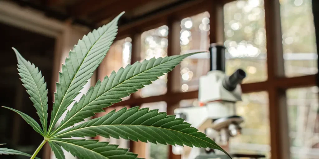 Feuille de cannabis verte observée de près dans un laboratoire avec un microscope scientifique en arrière-plan.