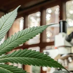 Feuille de cannabis verte observée de près dans un laboratoire avec un microscope scientifique en arrière-plan.