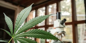 Feuille de cannabis verte observée de près dans un laboratoire avec un microscope scientifique en arrière-plan.