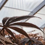 Feuille de cannabis sombre couverte de gouttelettes d’eau dans une serre éclairée naturellement.