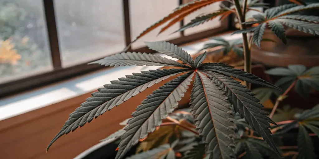 Feuille de cannabis sombre présentant des signes de toxicité des nutriments dans un environnement de serre.