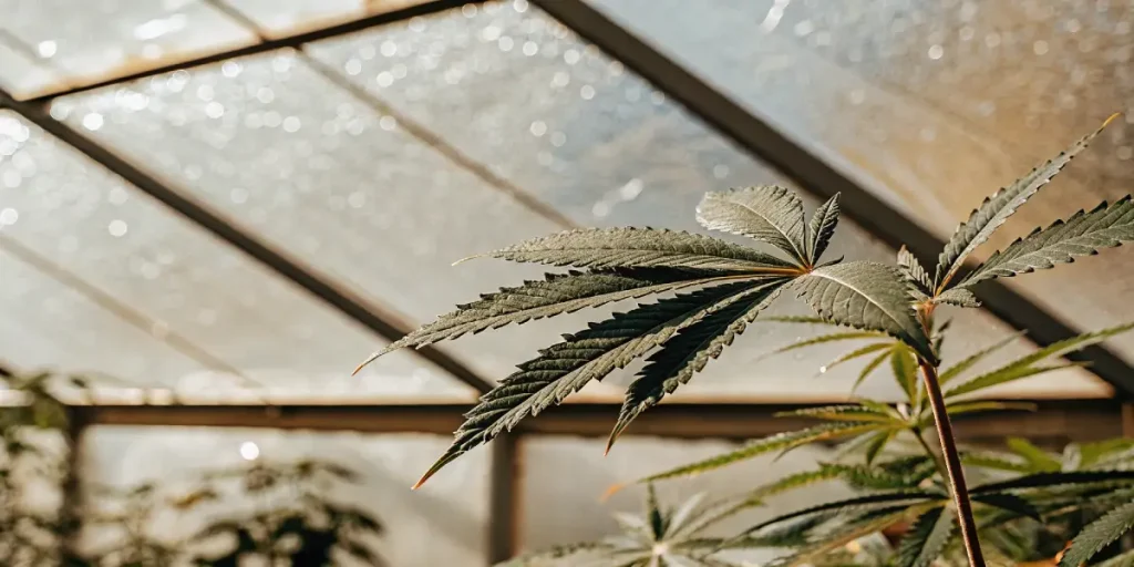 Feuille de cannabis verte avec des gouttes d’eau sous une structure de serre lumineuse.