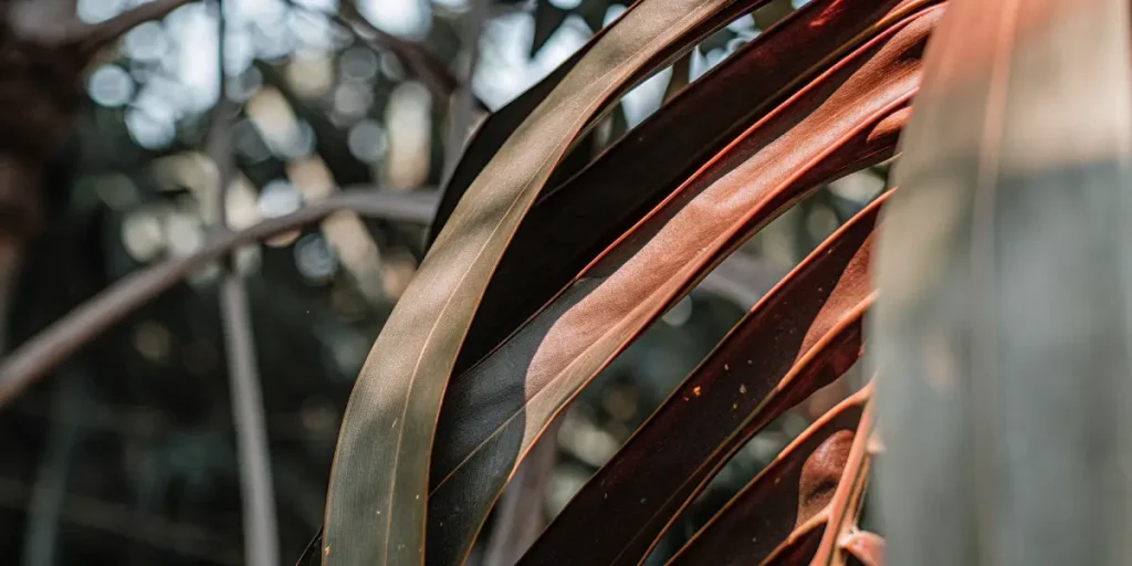 Feuille tropicale en gros plan avec des teintes rouges et vertes, montrant la texture et la pigmentation naturelle.
