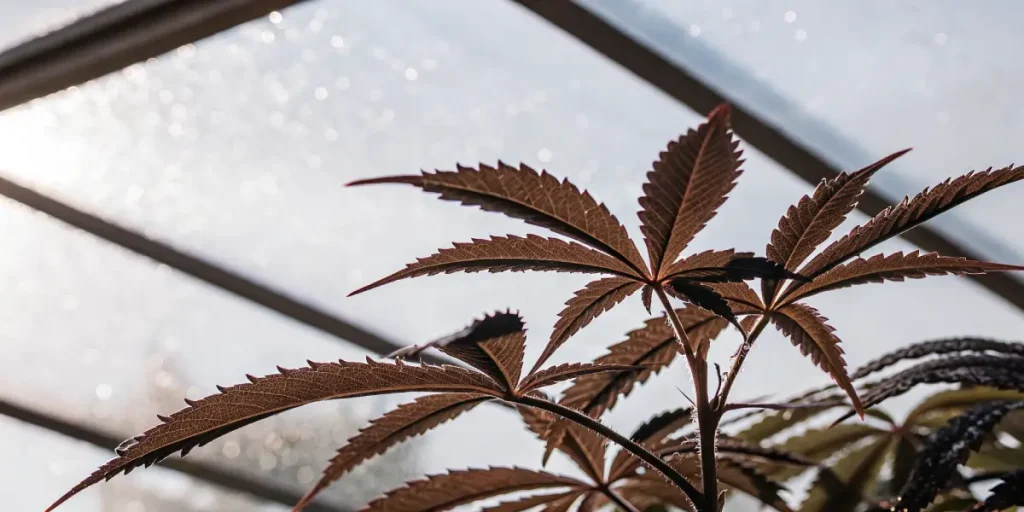 Feuilles cannabis rougeatres contre jour sous toit vitre avec nervures marquees.