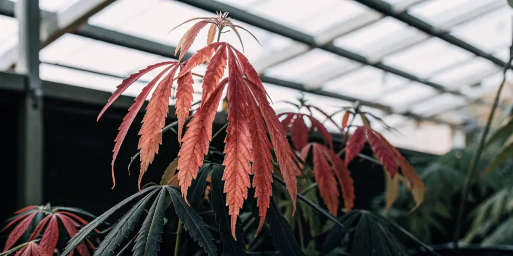 Feuilles de cannabis rouges indiquant un stress physiologique ou une carence pendant la croissance en serre