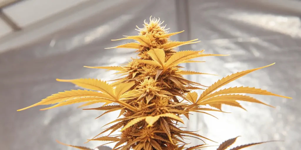 Fleur de cannabis CBD en floraison avec feuilles jaunies et structure dense sous éclairage intérieur.