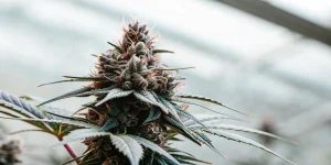 Fleur de cannabis CBD en gros plan, trichomes visibles et pistils orangés sur feuillage foncé.