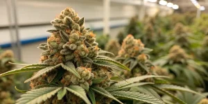 Fleur de cannabis CBD Kush en gros plan, têtes compactes couvertes de trichomes et pistils orangés.