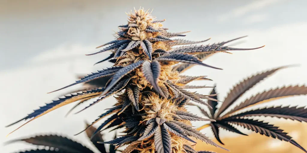Fleur de cannabis CBD Mexican Red en gros plan, têtes allongées et feuilles foncées aux reflets bleutés.