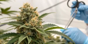 Fleur de cannabis CBD en gros plan pendant la récolte manuelle, têtes résineuses et pistils orangés visibles.