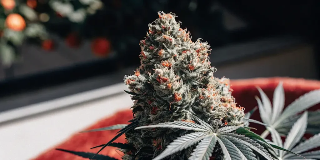 Fleur de cannabis mature en gros plan avec trichomes résineux et pistils orangés visibles.