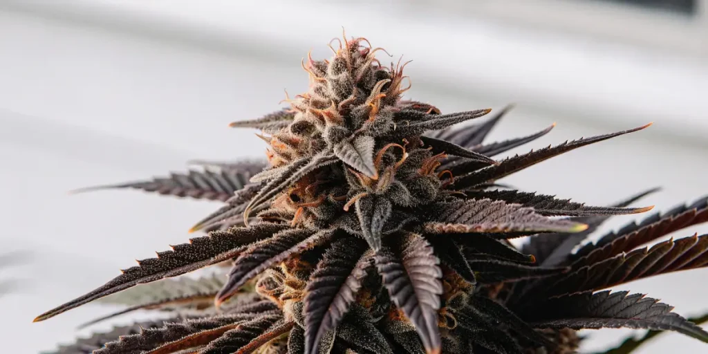 Fleur de cannabis CBD avec feuilles sombres, pistils orangés et trichomes visibles en gros plan.