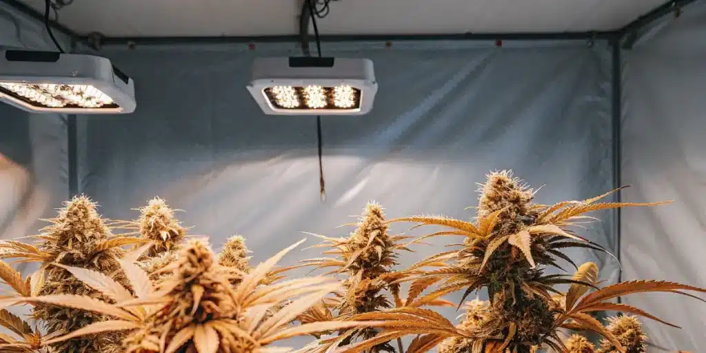 Plantes de cannabis CBD en phase de floraison avancée sous éclairage LED en culture intérieure.