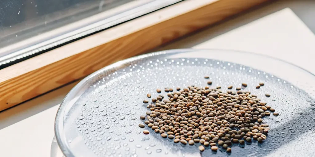 gros plan de graines de cannabis sur une boîte de Petri couverte de gouttelettes d’eau