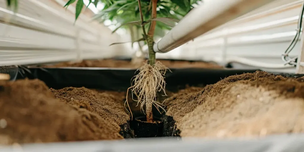 Gros plan sur les racines d’une plante de cannabis exposées dans le sol avec un système d’irrigation contrôlé en culture intérieure.