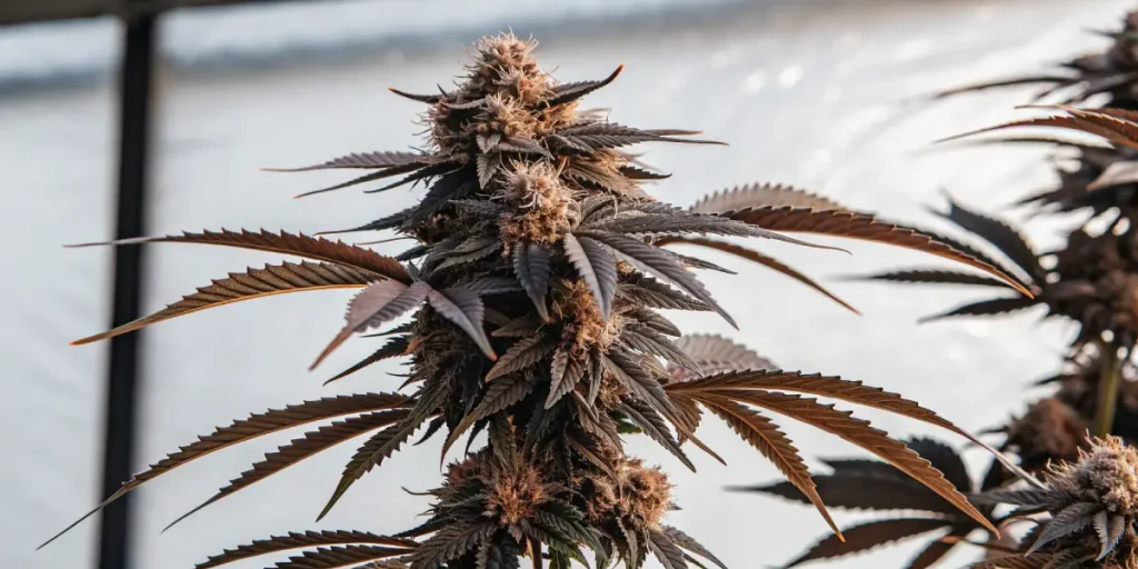 Gros plan d’une tête de cannabis mature avec feuilles foncées et trichomes visibles