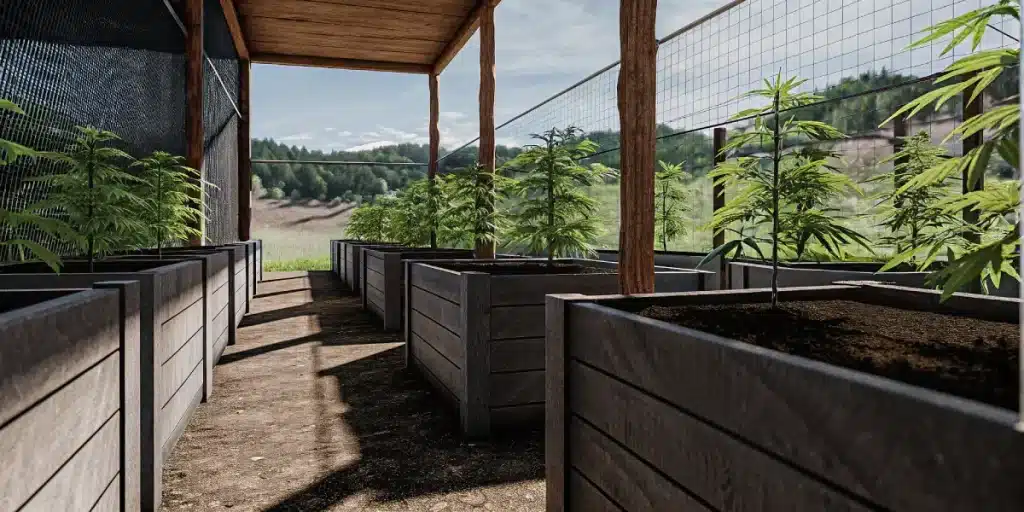 Culture intérieure de cannabis sous éclairage LED, murs réfléchissants et plantes en floraison uniforme.