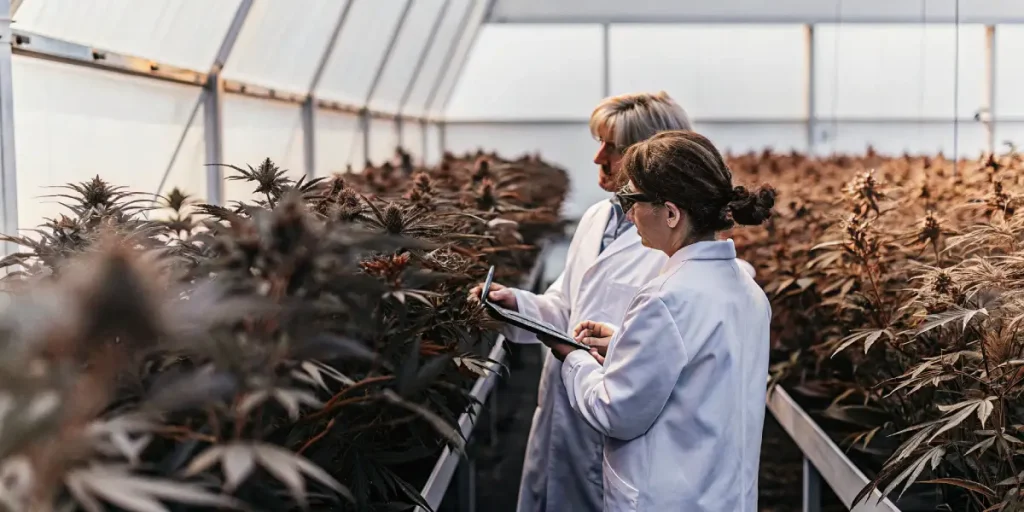 scientifiques inspectant des plantes de cannabis en serre high-tech lors d’un contrôle de culture