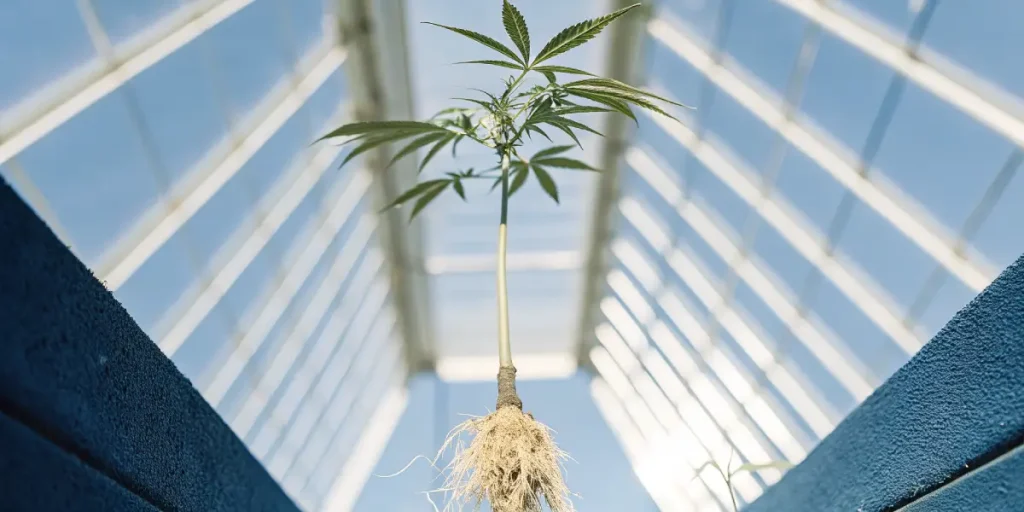 Jeune plante de cannabis avec racines nues suspendue dans une serre lumineuse.