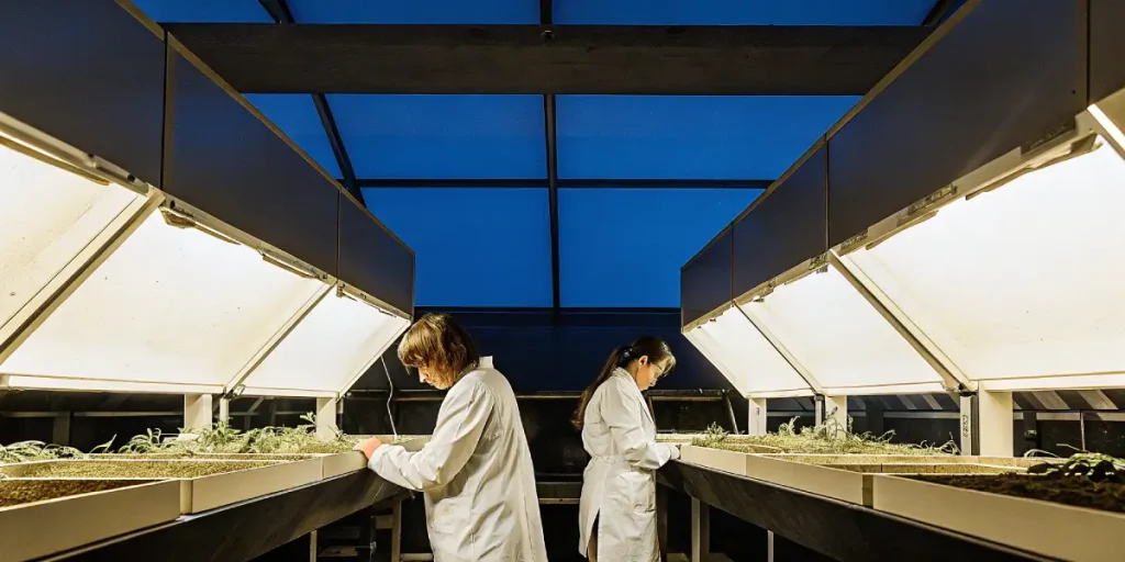 Laboratoire de cannabis avec des scientifiques analysant des plantes en serre moderne sous éclairage contrôlé.