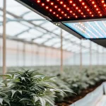 Lampe LED horticole rouge et bleue suspendue au-dessus d’une culture de cannabis dans une serre moderne à grande échelle.