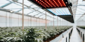 Lampe LED horticole rouge et bleue suspendue au-dessus d’une culture de cannabis dans une serre moderne à grande échelle.