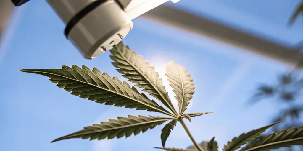 Microscope examinant une feuille de cannabis verte dans un environnement de serre