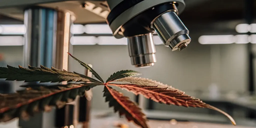 Microscope feuille cannabis laboratoire avec feuille verte et rouge observée sur plaque en verre.