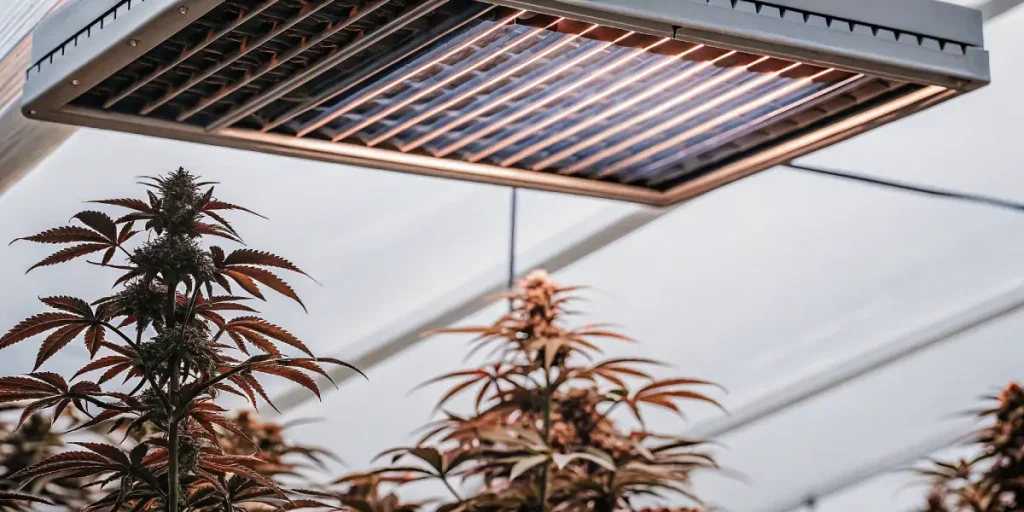 Jeune plant de cannabis en pleine croissance sous toit en verre dans une serre lumineuse